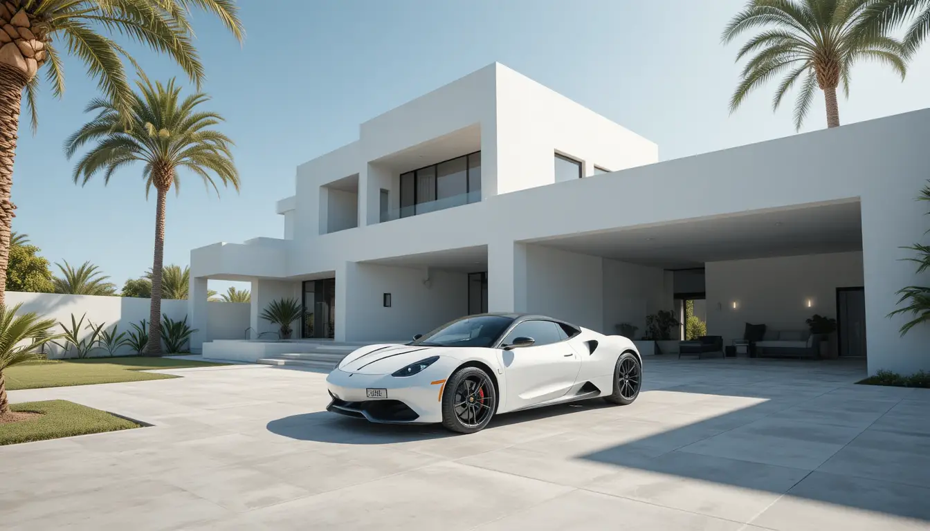Modern white villa with luxury car under strong sunlight