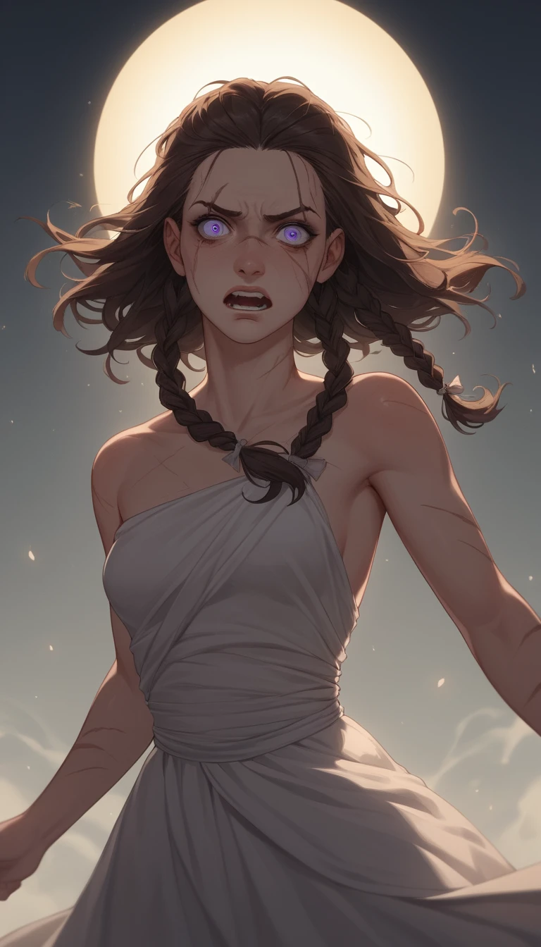 Young woman in a dim room bearing scars and sorrow
