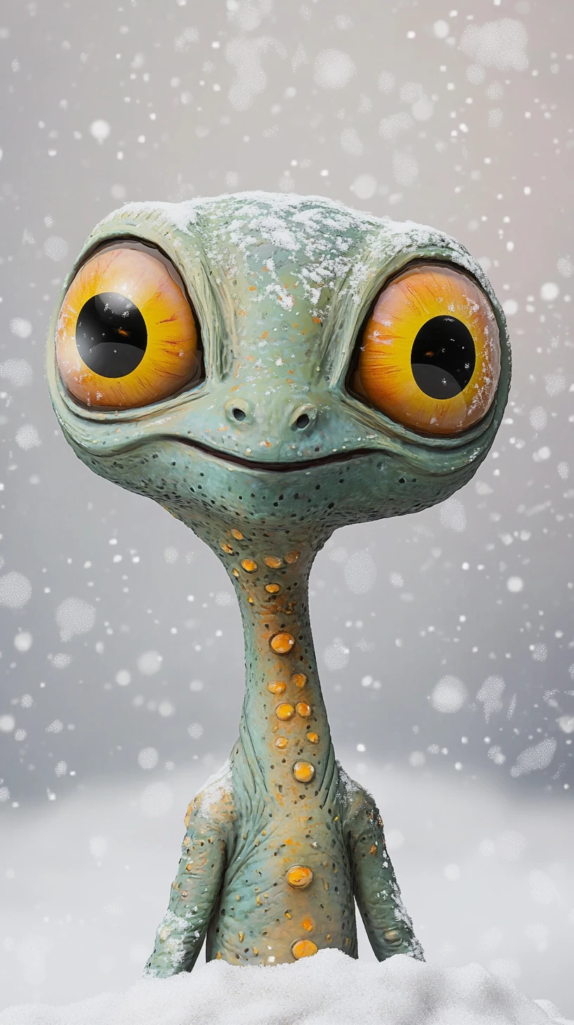 Cute alien with glowing eyes on a snowy landscape