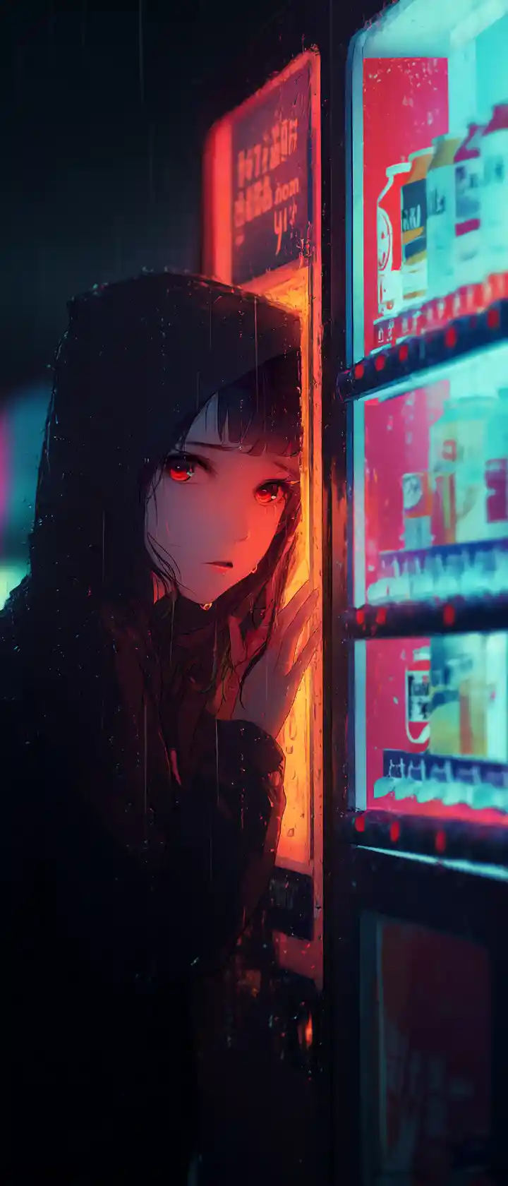 Vampire anime girl at a lonely vending machine