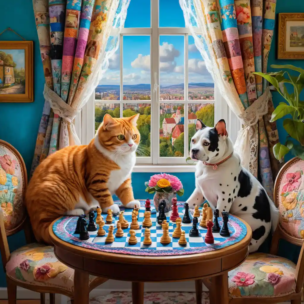 Patchwork cat and dog playing chess in a cozy living room