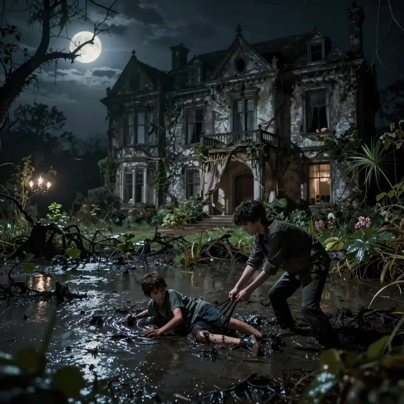 Ominous Mansion Overlooking Swamp Where Boy Struggles