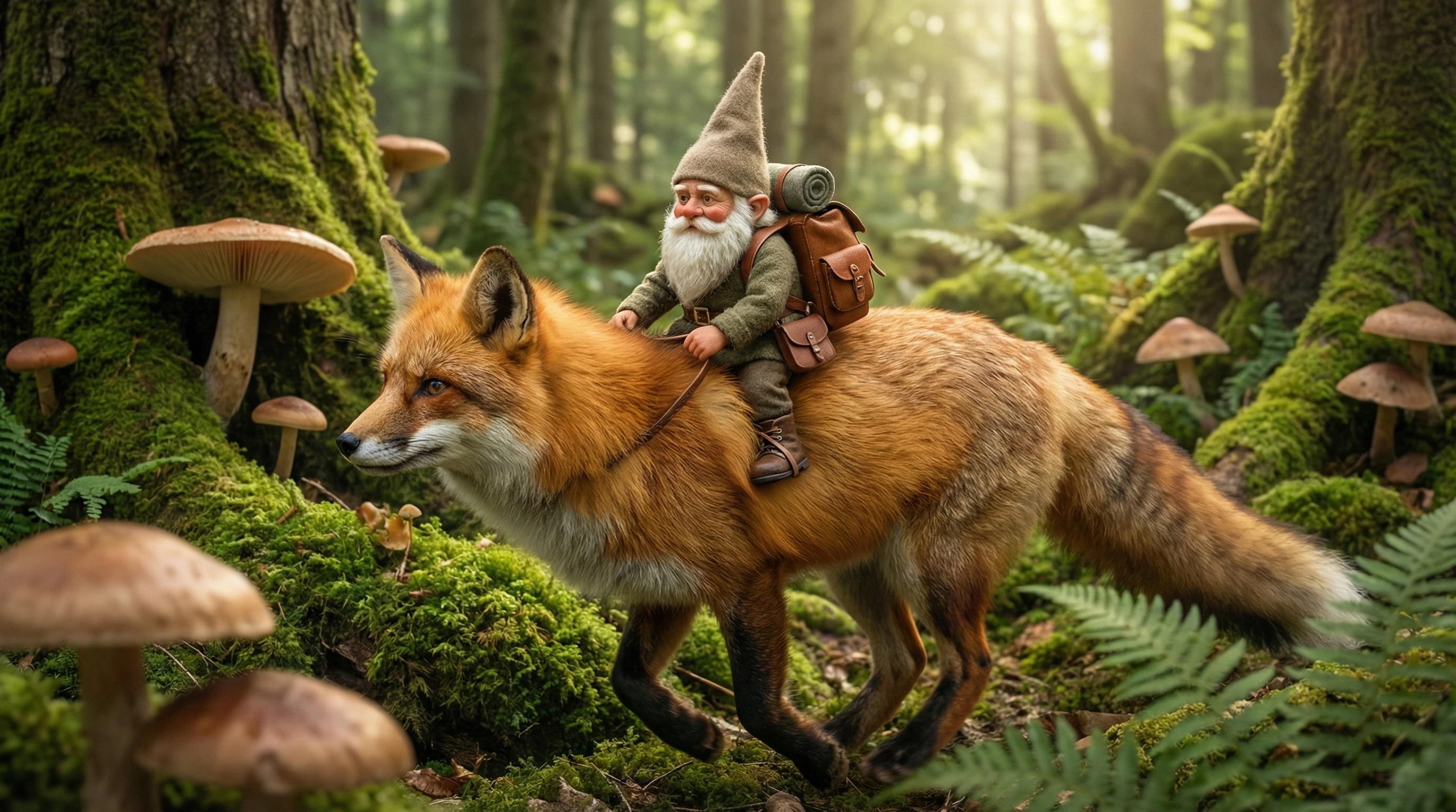 Tiny gnome riding on a large fox with backpack