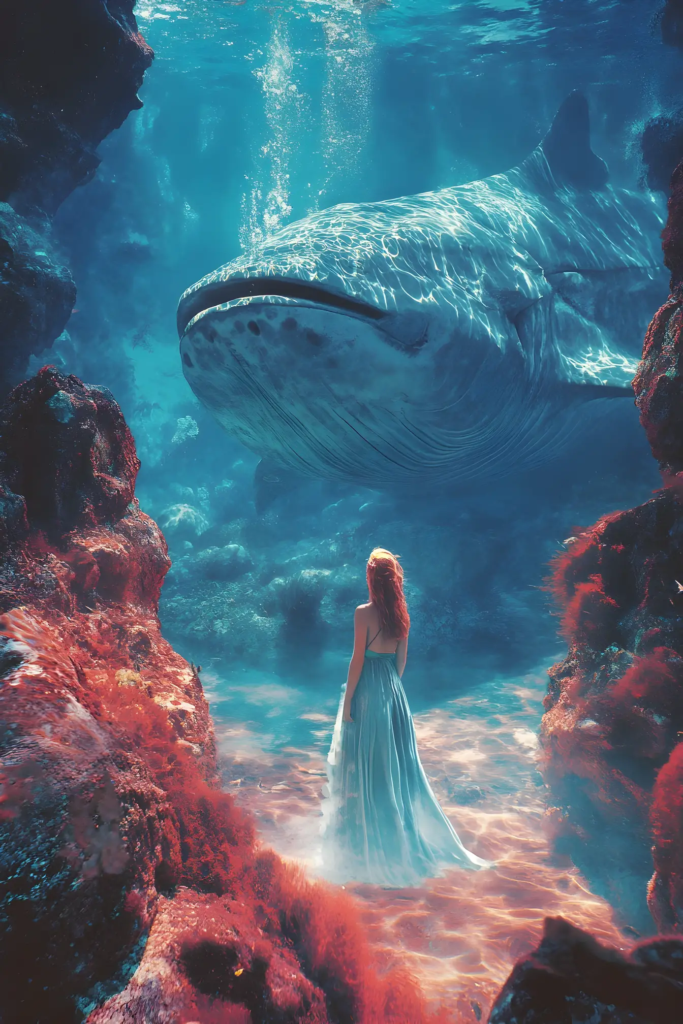 Fantasy woman swimming toward a red underwater cave