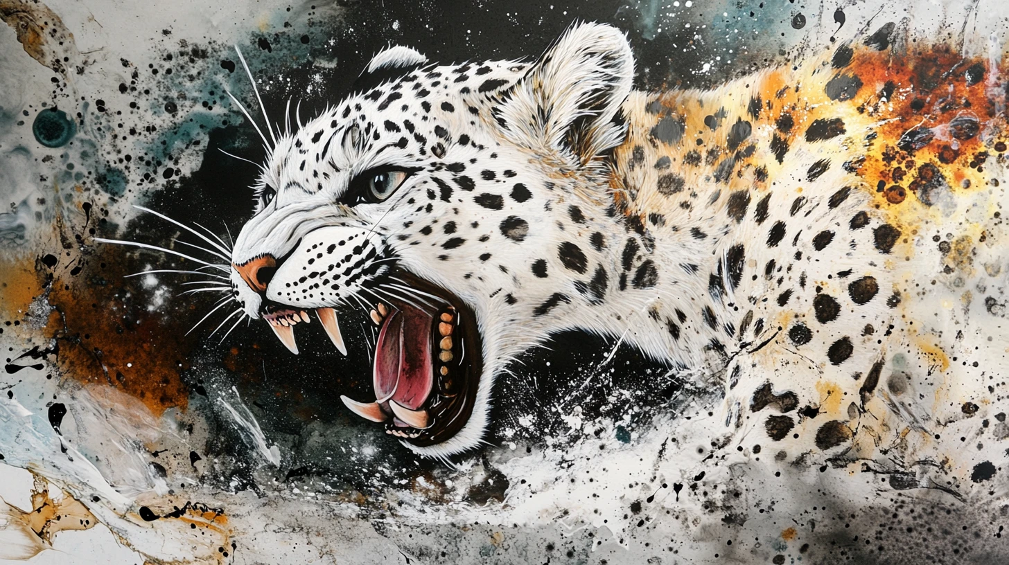 Snow leopard leaping forward in abstract ink art