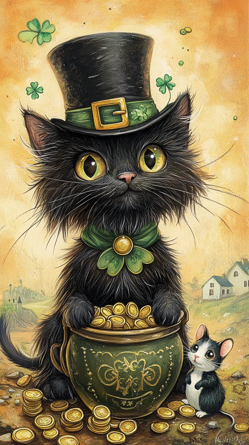 Zottelige schwarze Katze mit Zylinder und Goldtopf