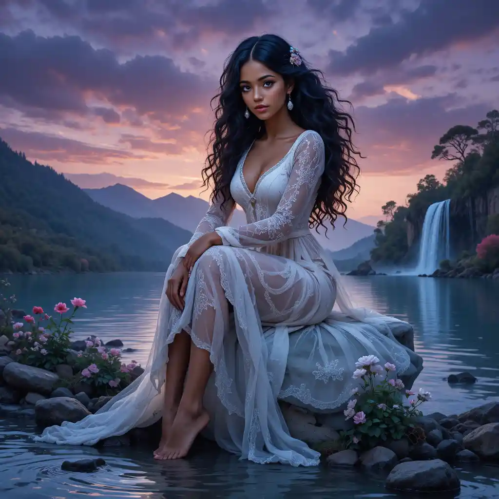 Garota de vestido de renda à beira de uma cachoeira em lago ao crepúsculo