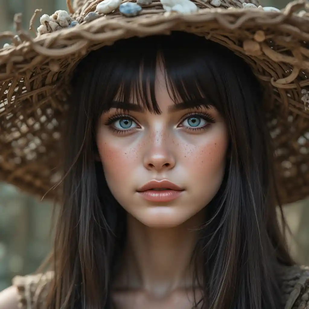 Ritratto di giovane donna con cappello rustico e occhi azzurri