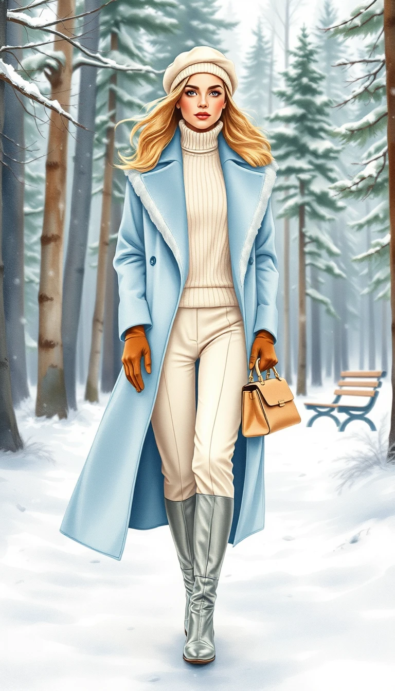 Mulher elegante de casaco azul caminhando pela floresta nevada
