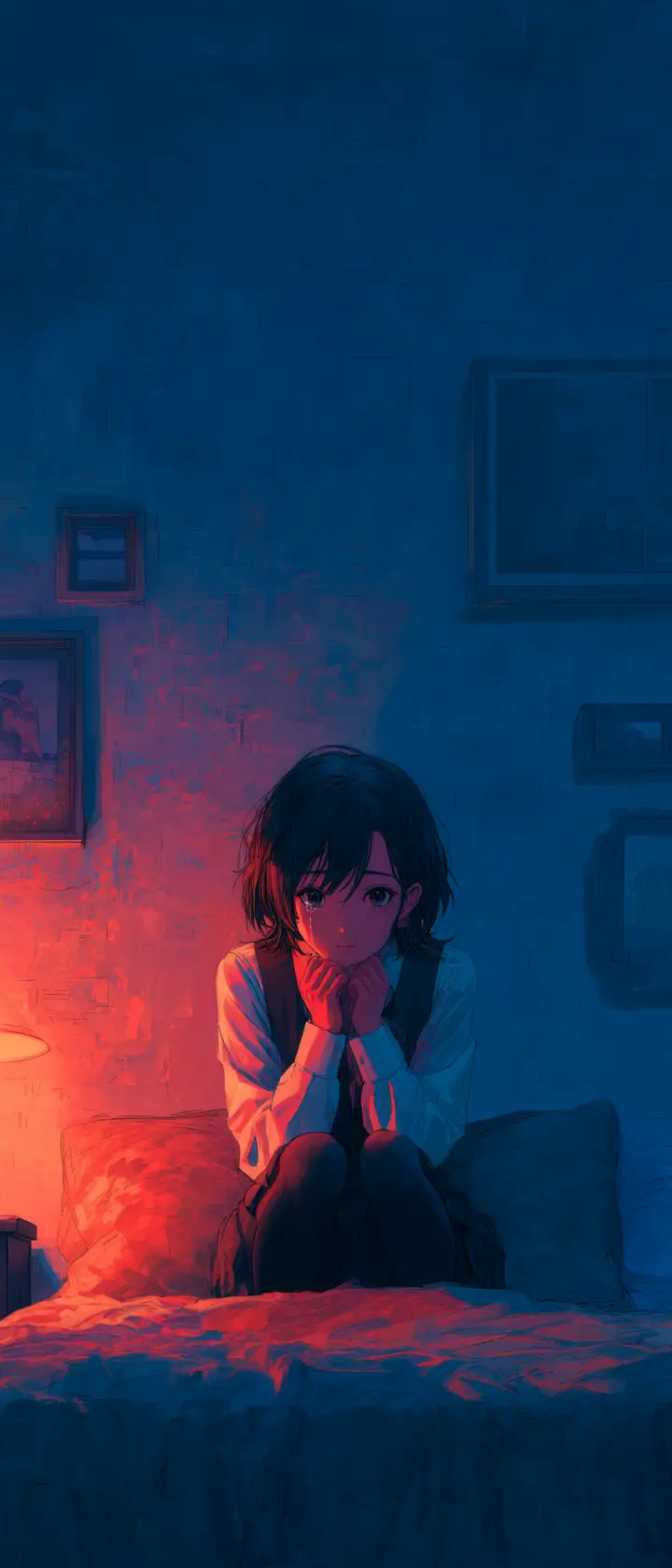 Vampire schoolgirl listening sadly through the bedroom wall