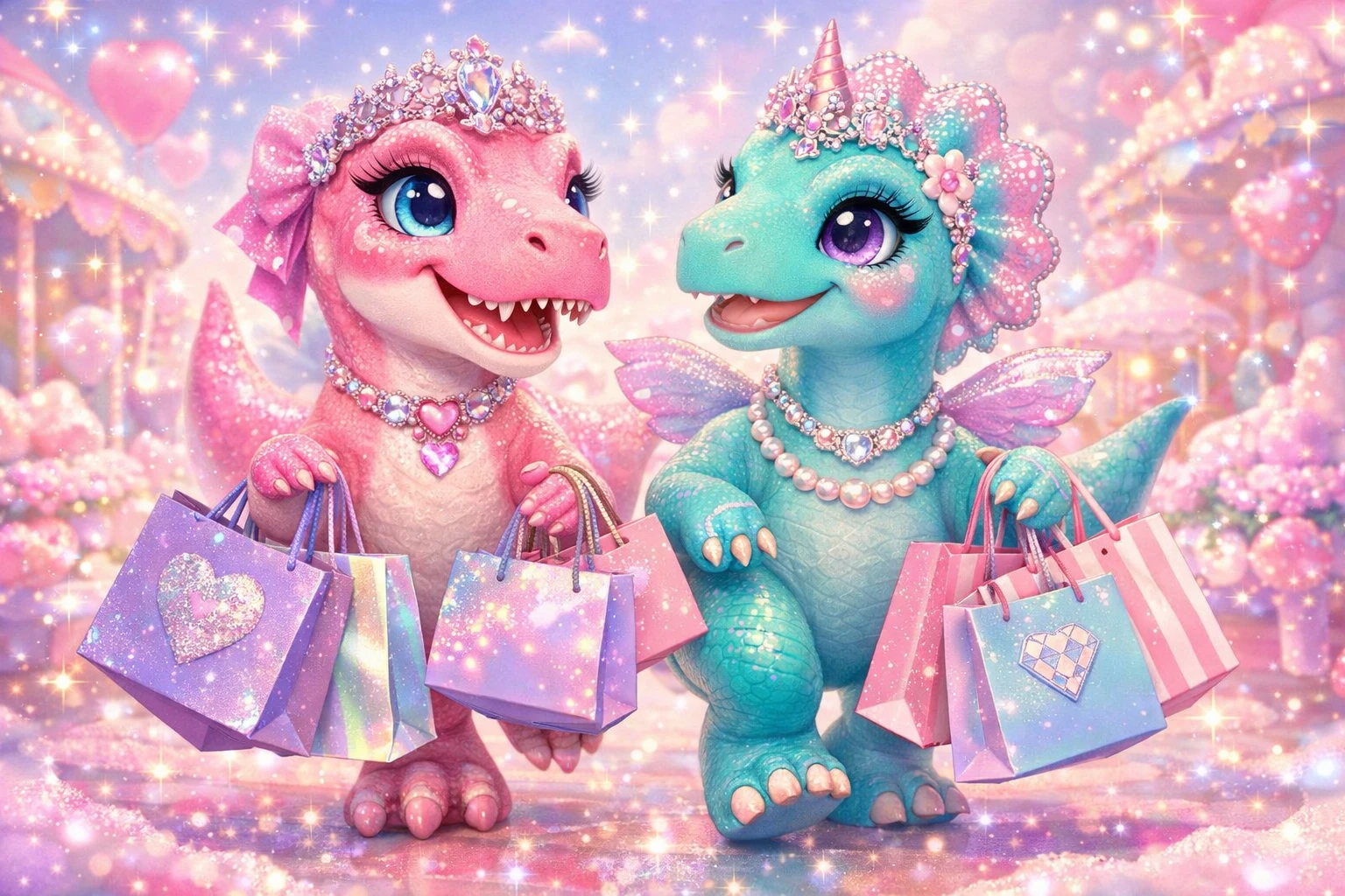 Two girly dinosaurs with shopping bags in glittering style