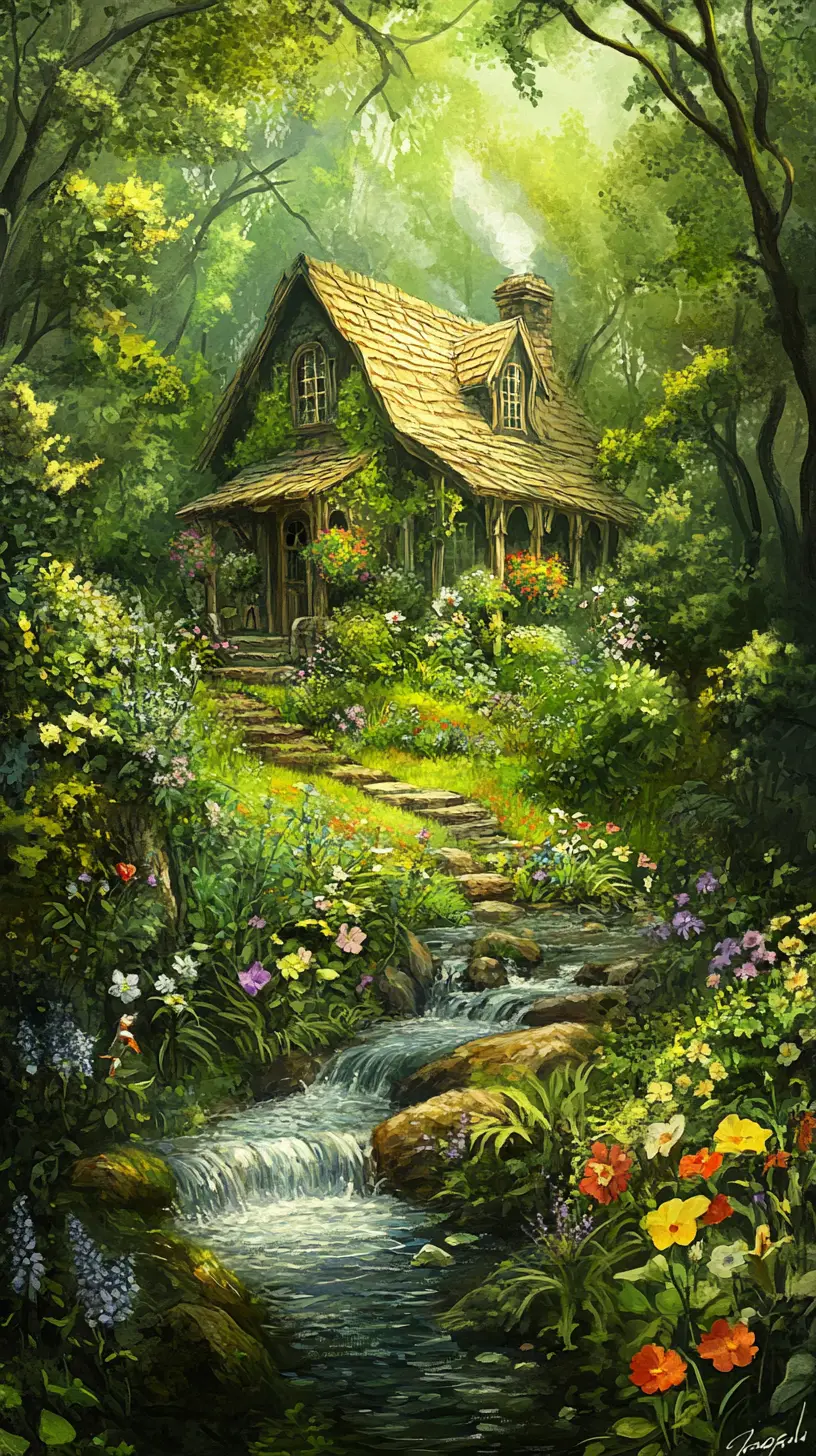 Whimsical watercolor cottage garden with winding stream