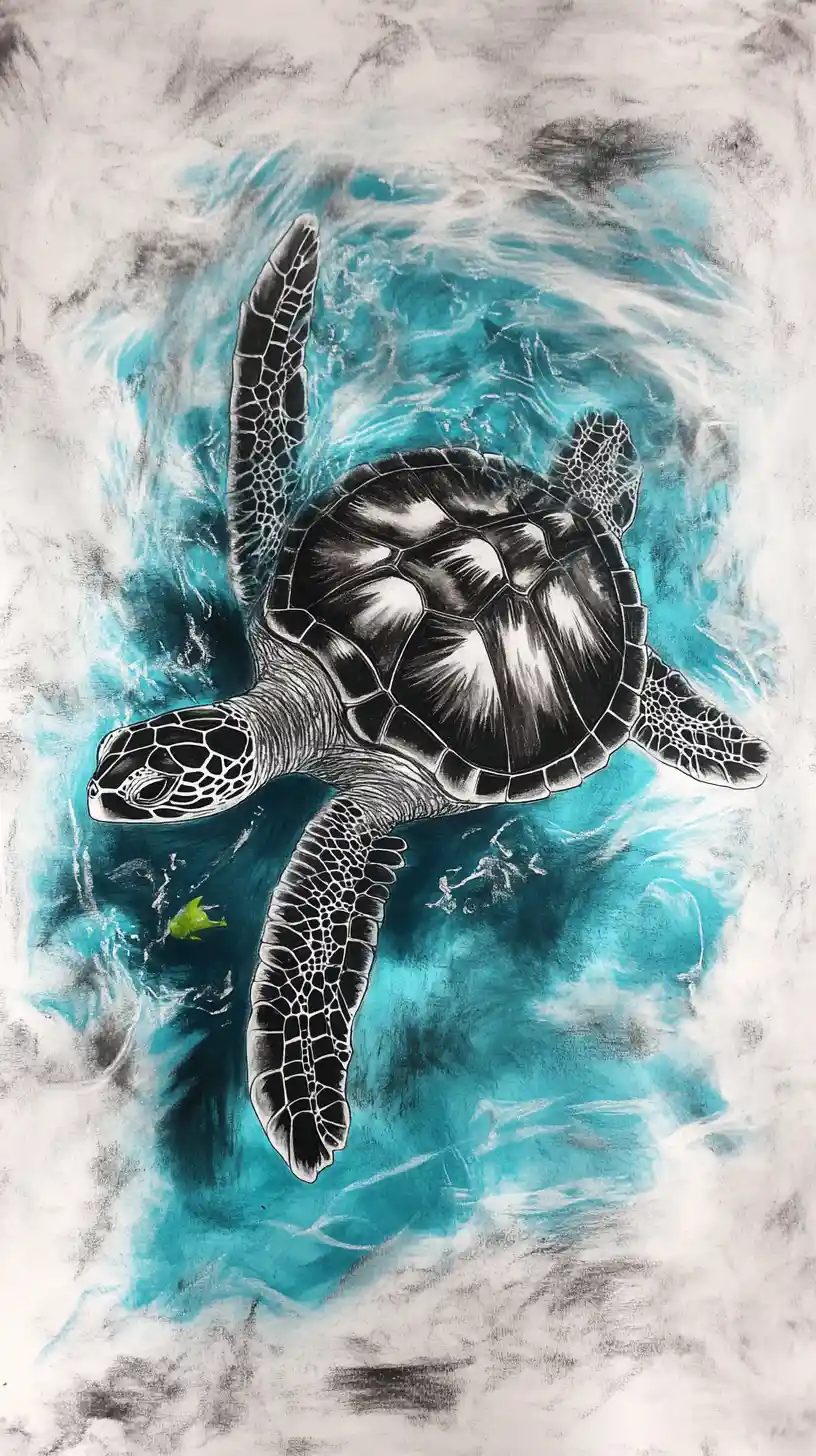 Charcoal sea turtle with glowing colors in blue ocean