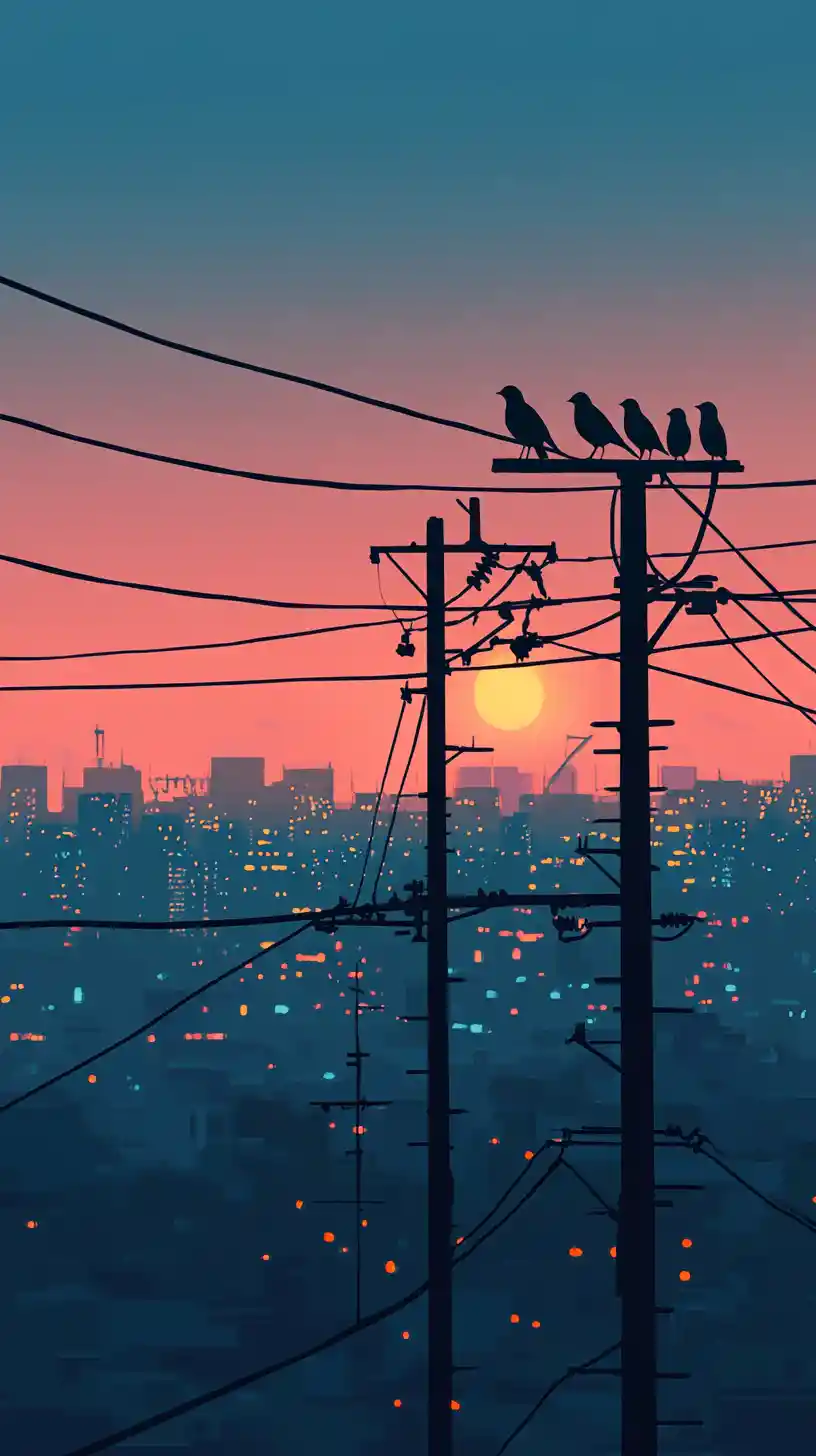 Sparrows On Power Line Above Moody Gothic Cityscape
