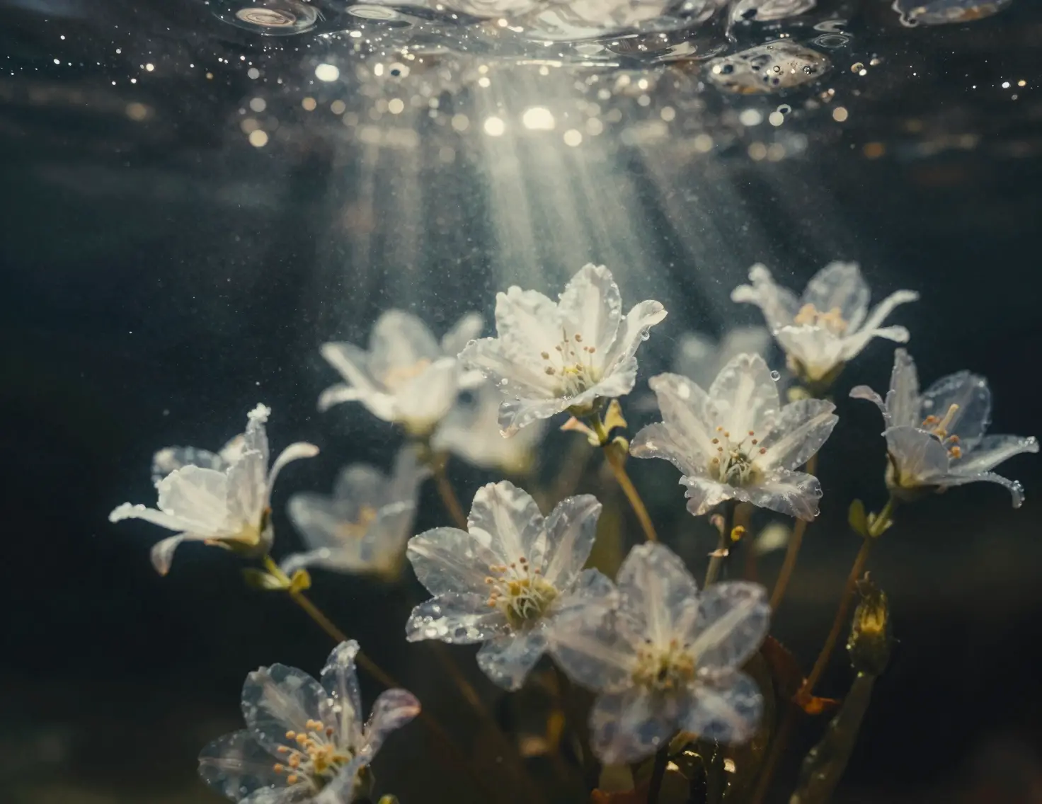 Fleurs translucides dérivant dans un faisceau sombre sous-marin