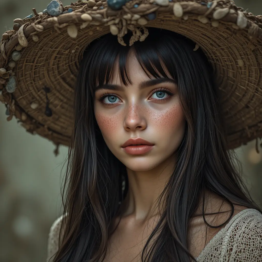 Young woman in rustic hat with blue eyes portrait