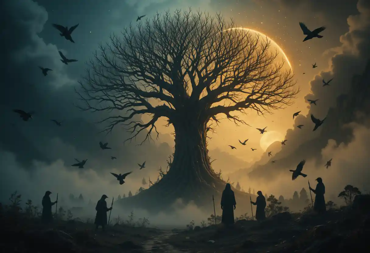 Ravens Encircling A Cosmic Tree Under Moonlit Skies