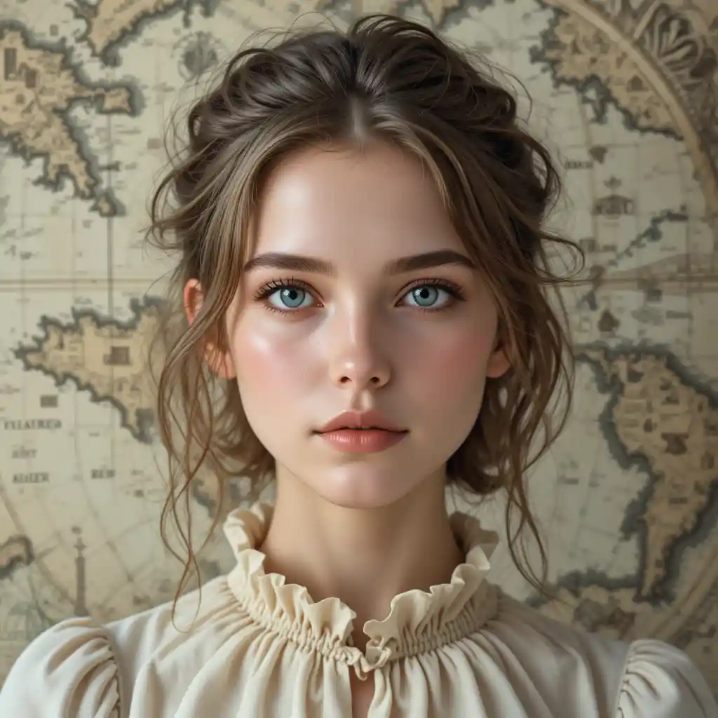 Young woman portrait against antique scientific manuscript background