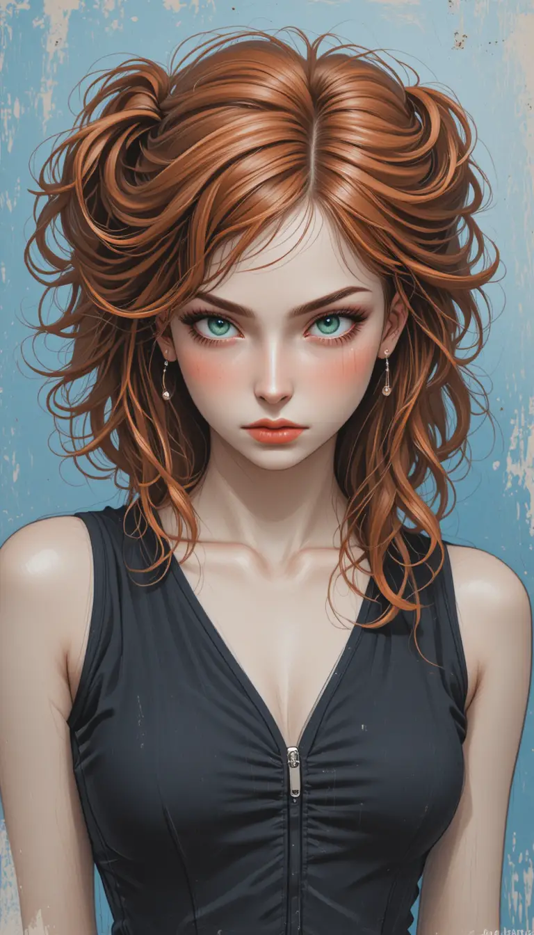 Red haired girl close up with mint green eyes