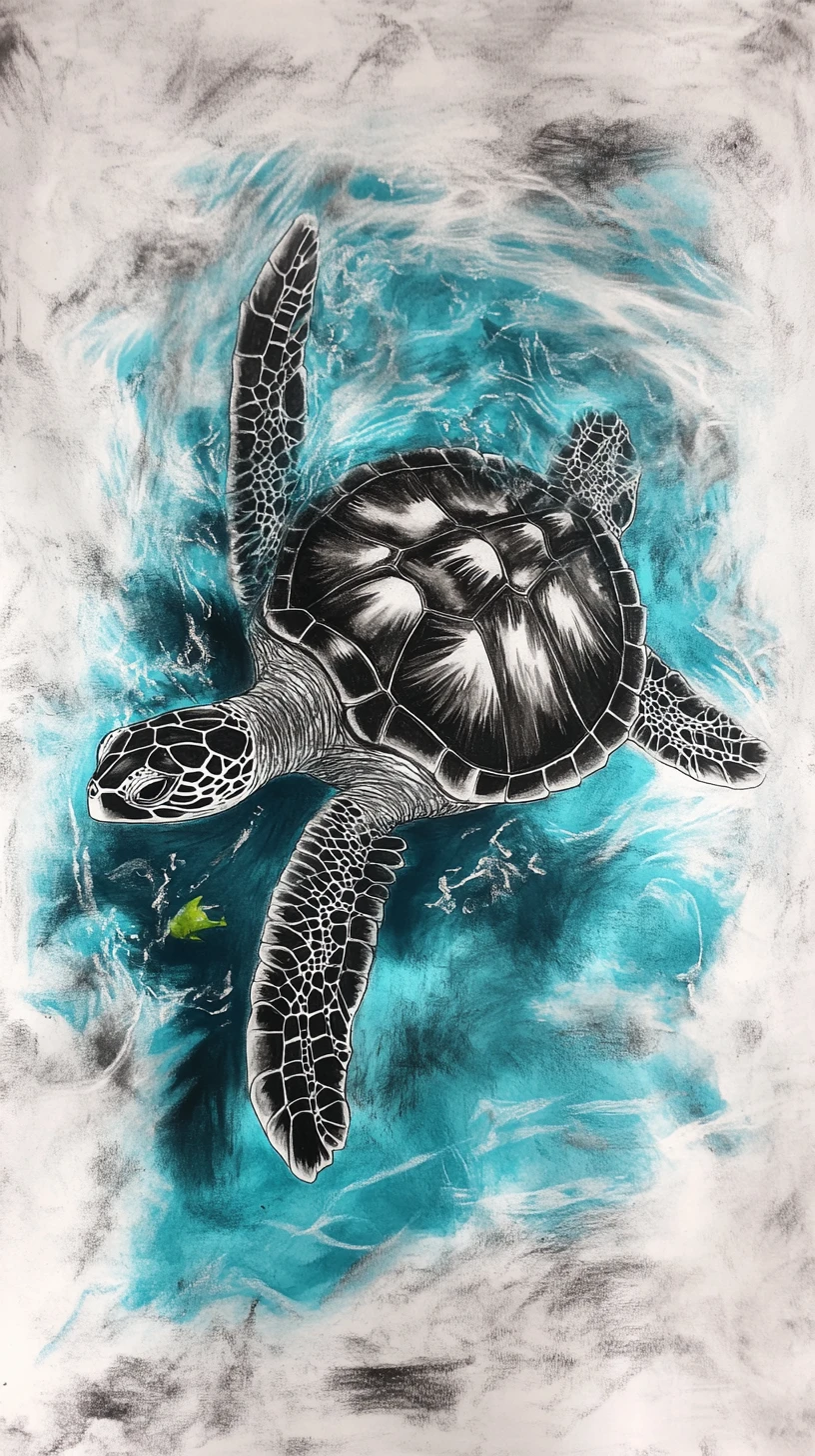Charcoal sea turtle with glowing colors in blue ocean