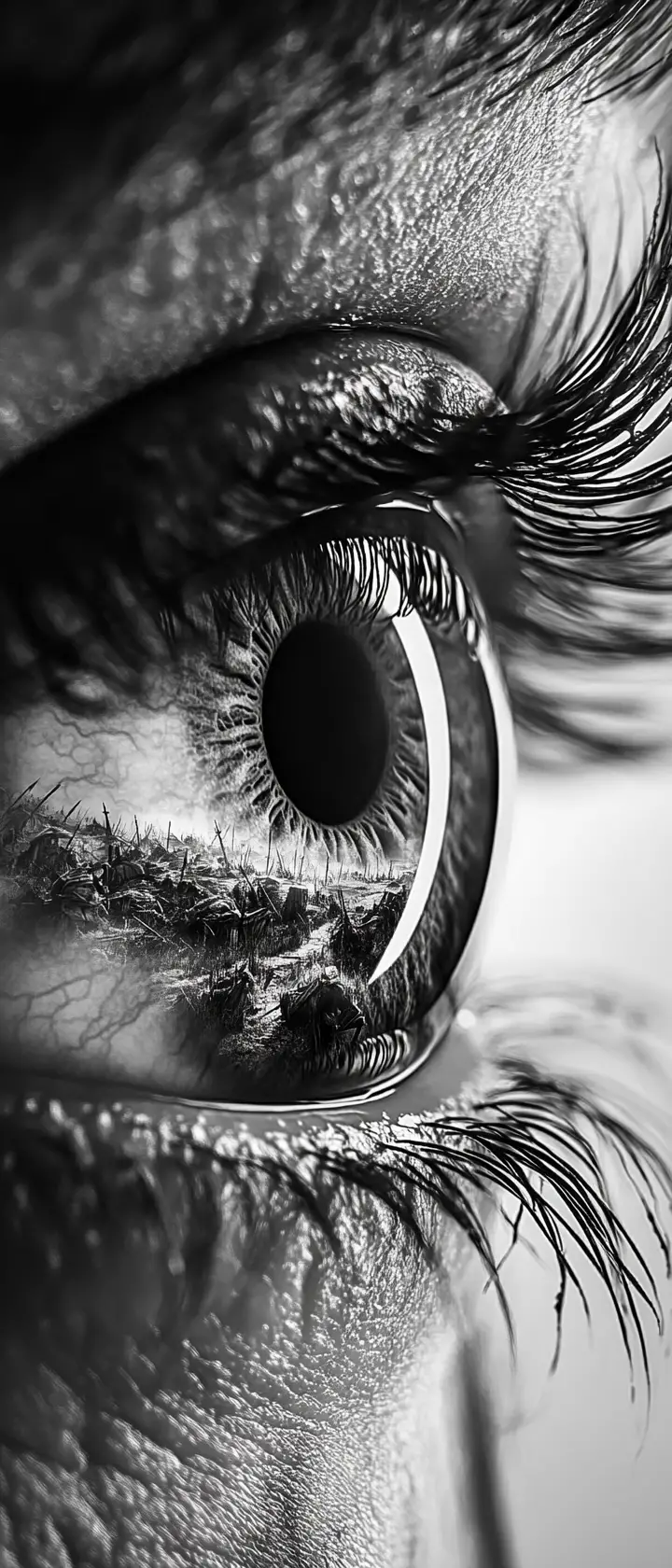 Extreme close up of a human iris in black and white