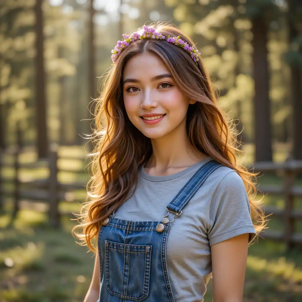 Young woman in overalls in a sunlit forest clearing