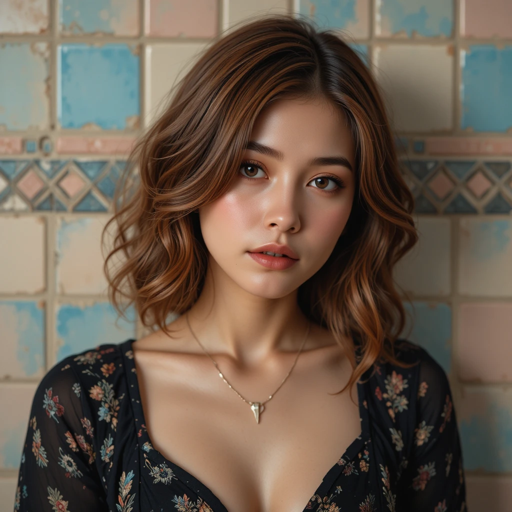 Woman portrait with wavy hair against retro tiled wall