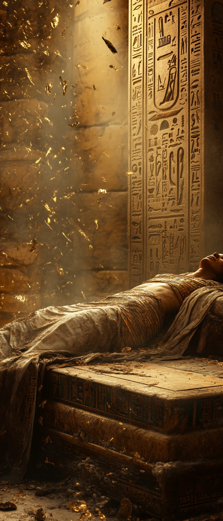 Cleopatra mummificata su divano di pietra in un antico tempio