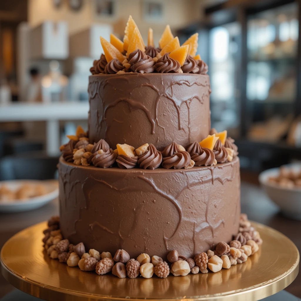 Pastel de capas de chocolate con caramelo en bandeja dorada