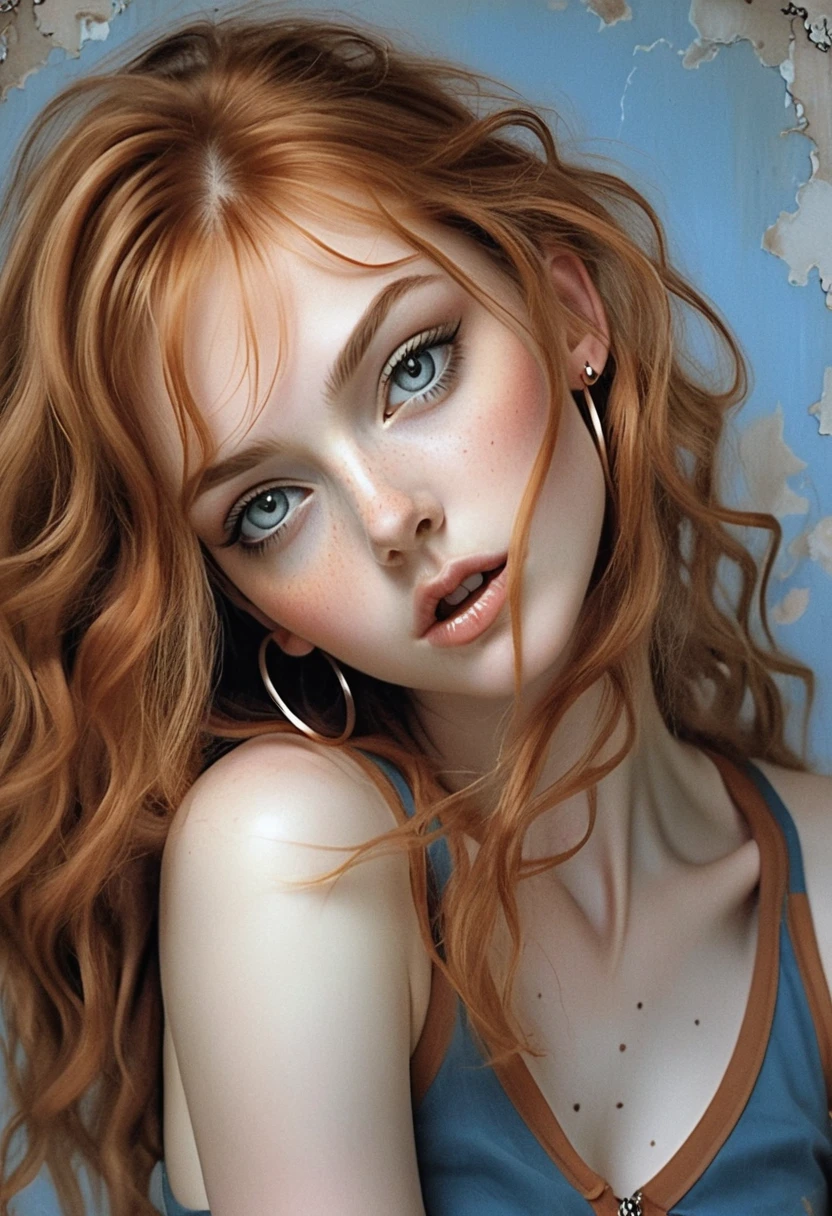 Retrato de garota ruiva com sardas contra parede azul