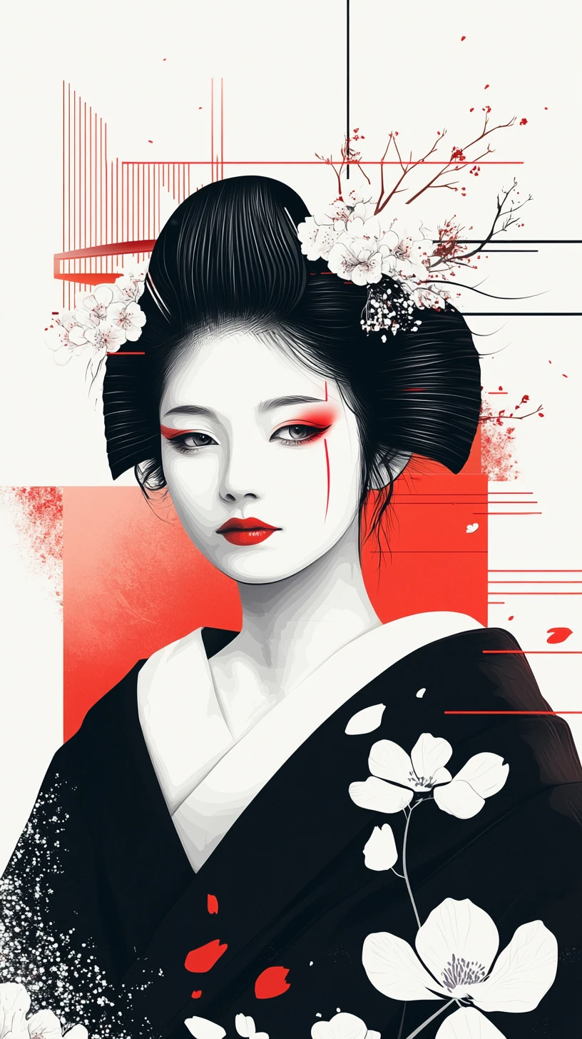 Elegant geisha portrait in minimalist vector Japanese style
