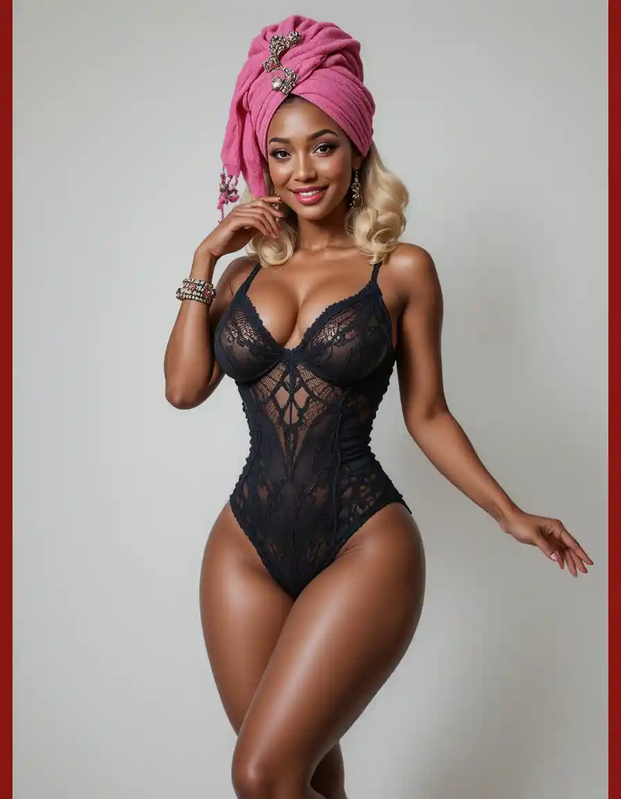 Curvy woman in pink towel smiling against white background