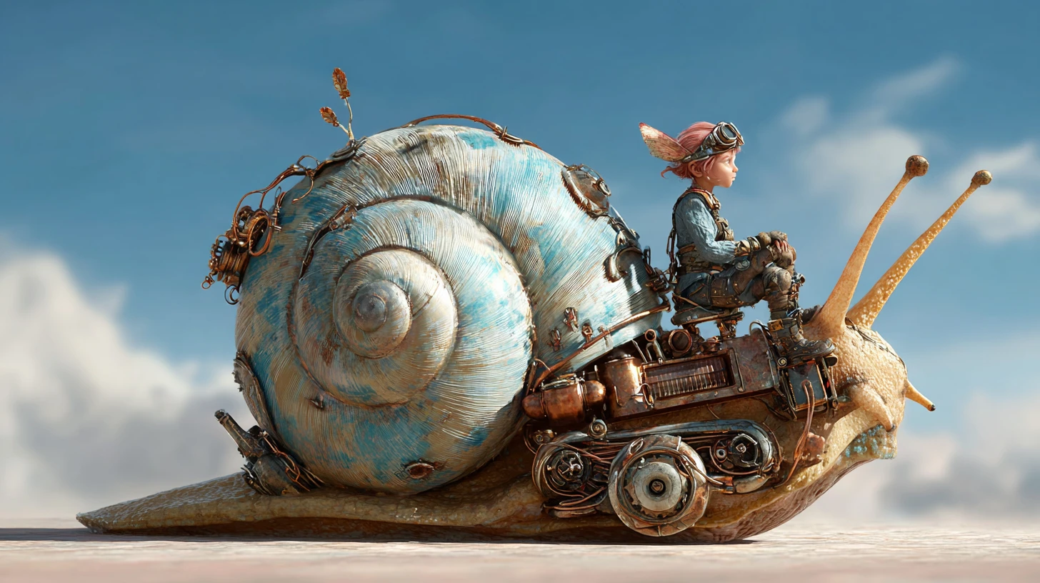 Gnome Maiden Riding An Iridescent Snail With Engines