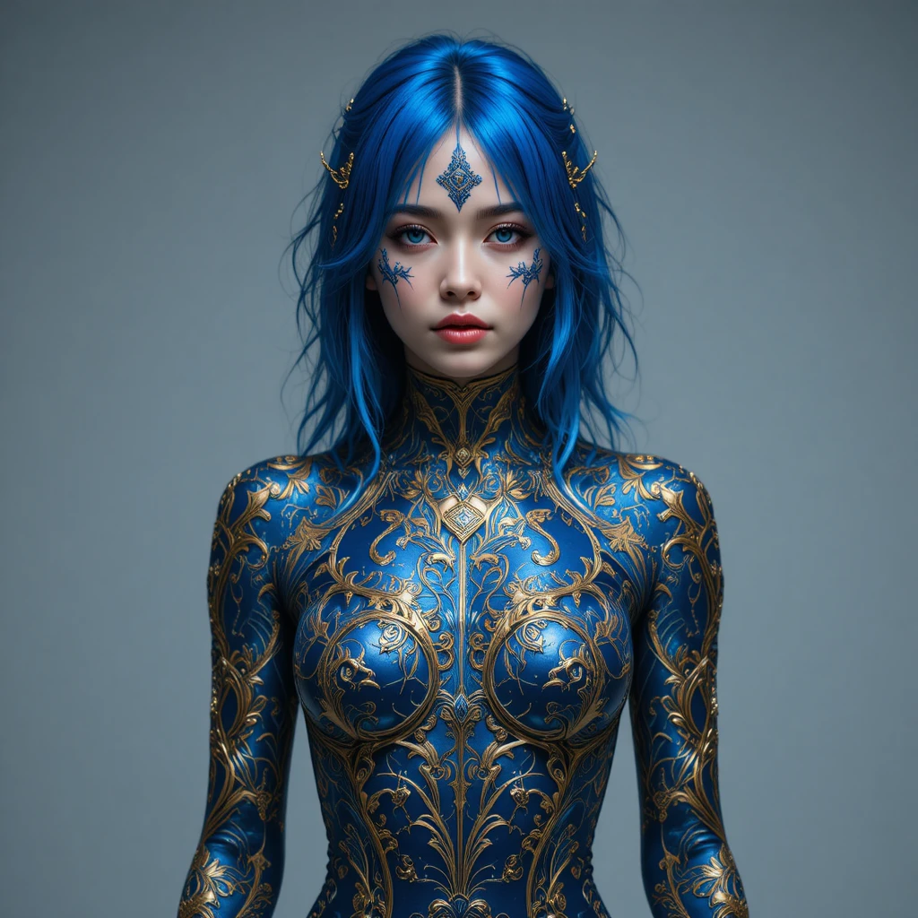 Cyberpunk-Frau mit kobaltblauem Haar und kunstvollem Metall-Filigran