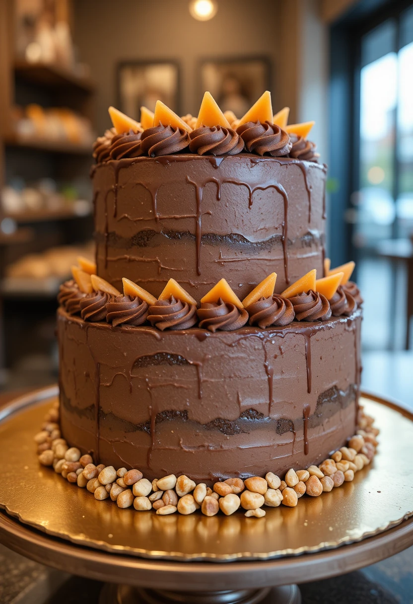 Pastel de chocolate de dos pisos con caramelo en plato dorado