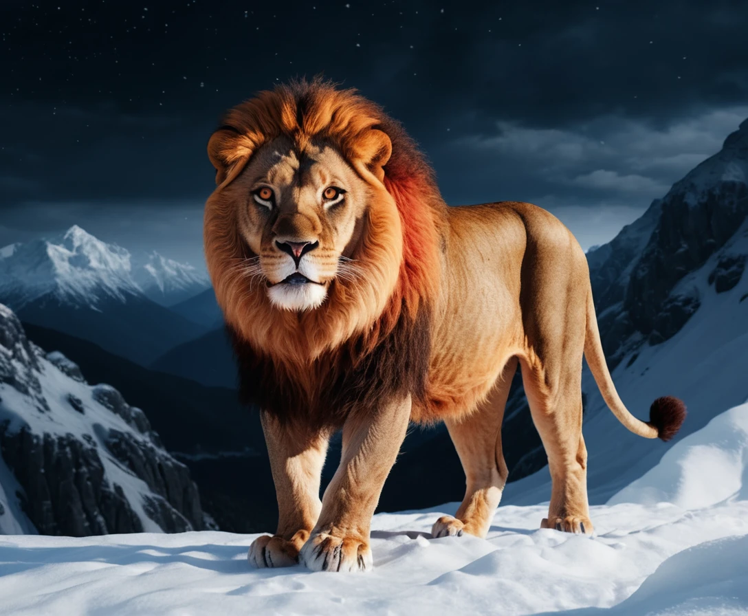 León rojo rugiendo en una montaña nevada por la noche