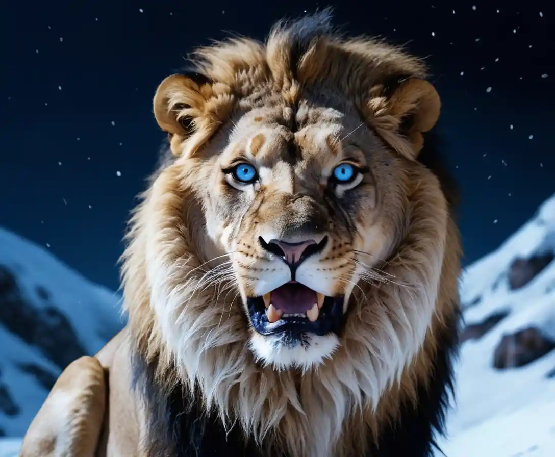 Blue lion roaring on a snowy mountain at night