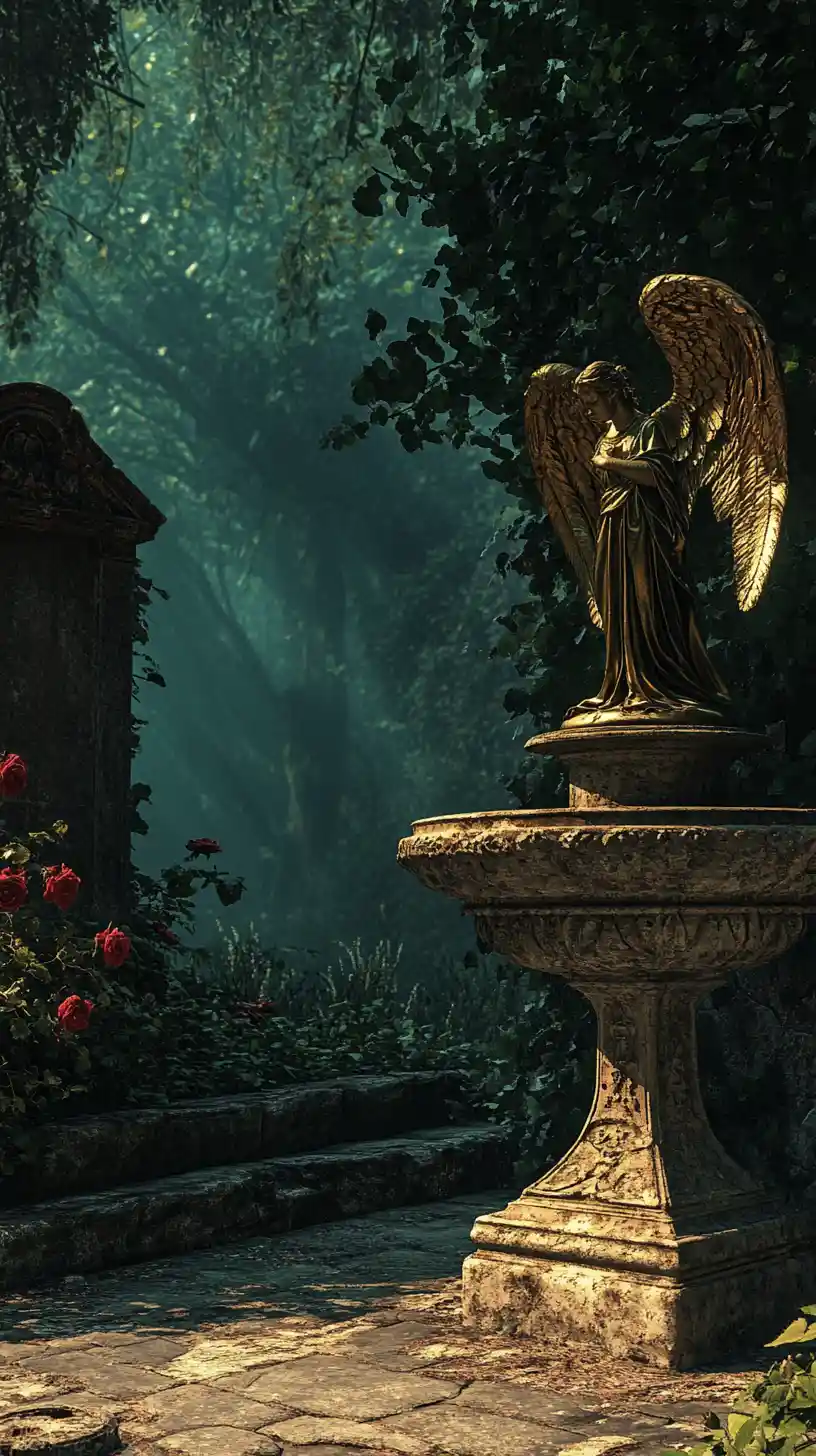 Ornamented Stone Fountain In A Dark Rose Garden