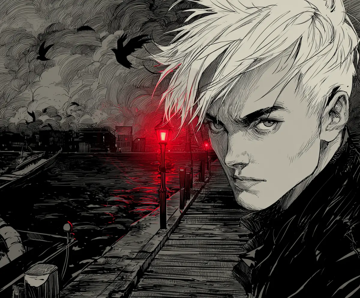 Young man under red streetlamp on misty pier