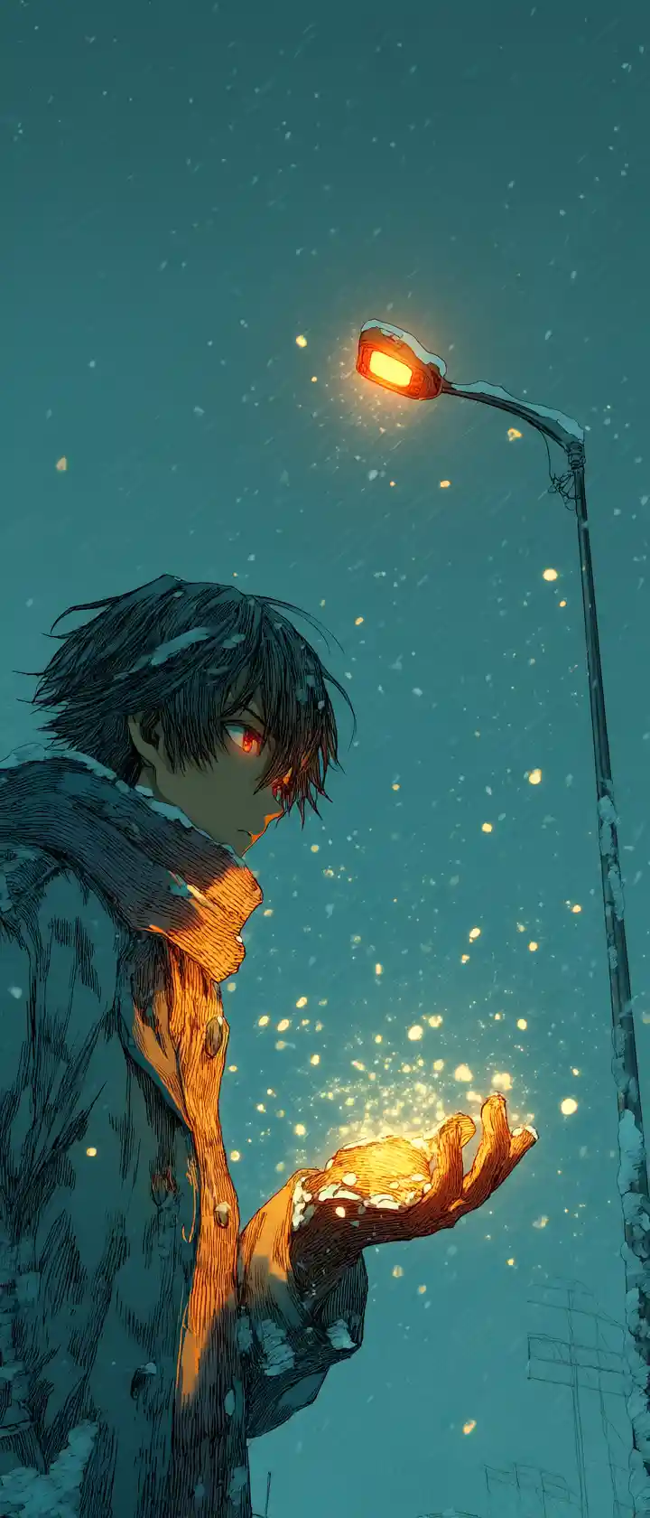 Anime boy waiting alone in glowing toxic green snow