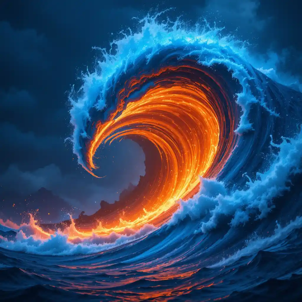 Fiery ocean wave crashing beneath a dark stormy sky