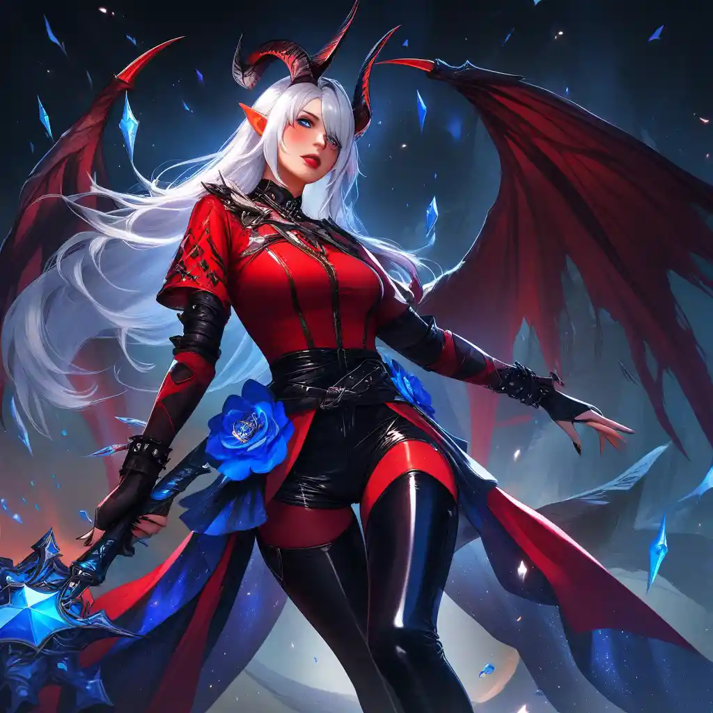 Seductive tiefling woman with horns and devil wings
