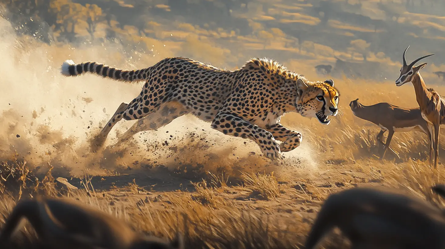 Cheetah Chasing Gazelle Across Dusty African Savanna