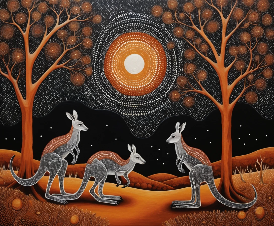 Kängurus unter sternenklarem Himmel in Aboriginal-Punktmalerei