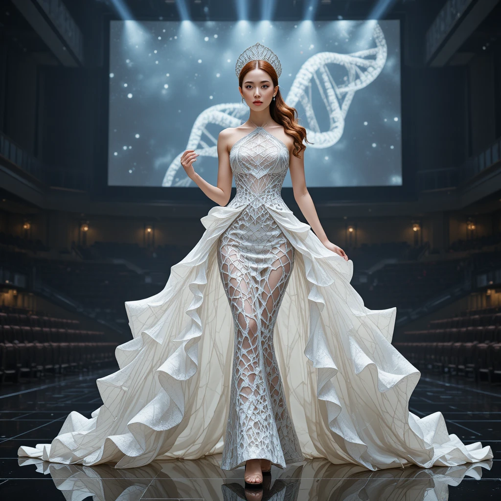 Reina de belleza coreana con vestido de noche blanco geométrico Fibonacci