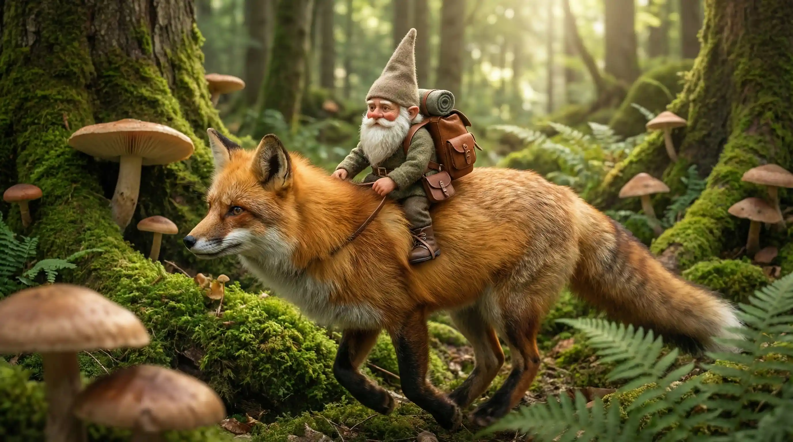 Tiny gnome riding on a large fox with backpack