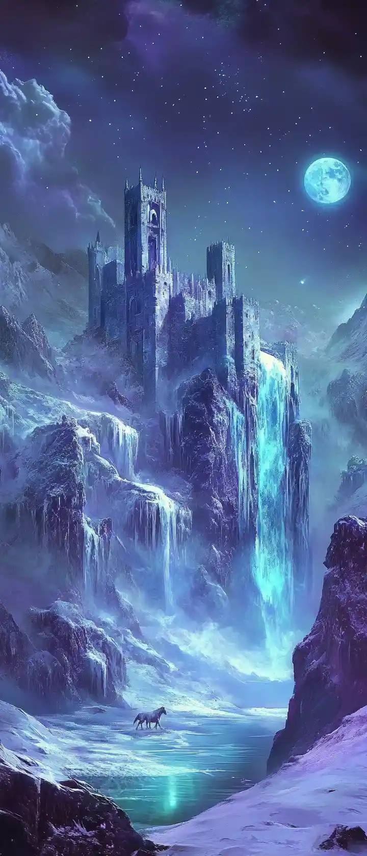 Surreal snow covered castle under a turquoise full moon