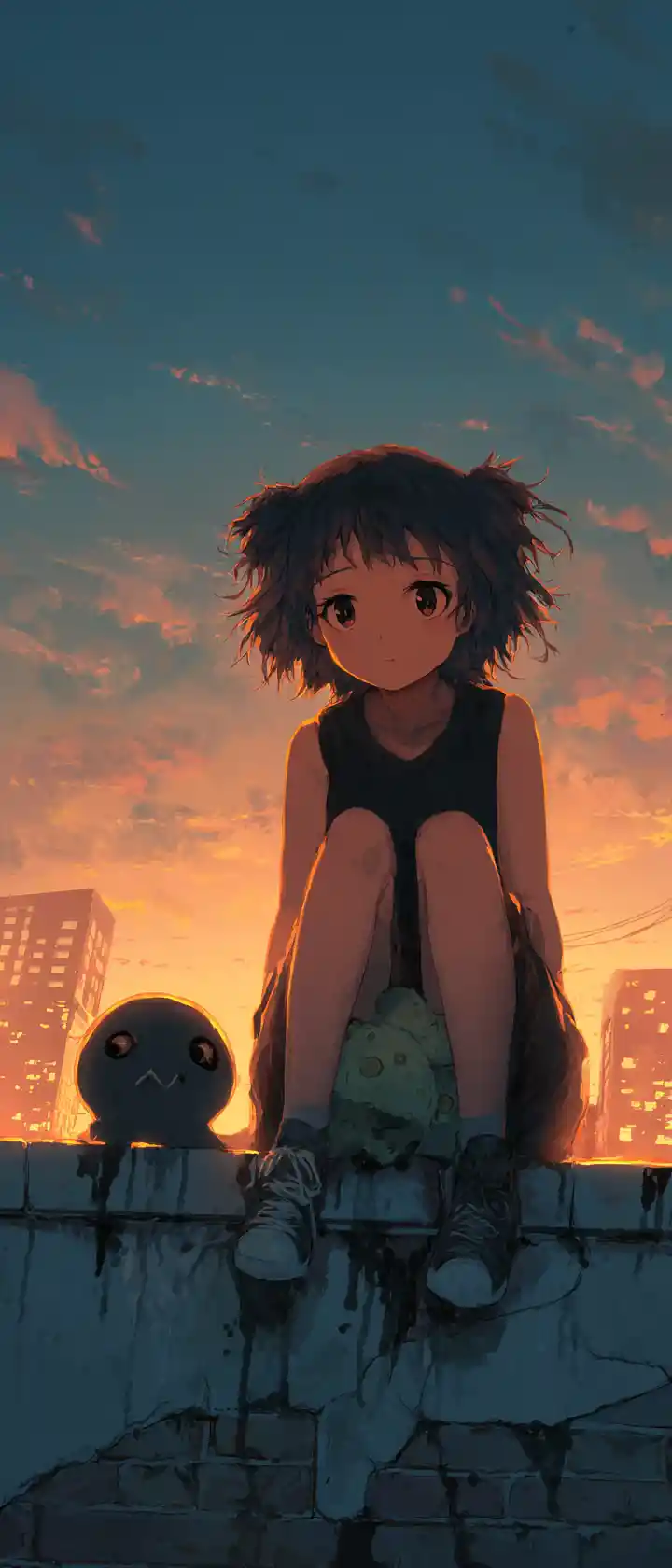 黃昏屋頂上的動漫少女與外星人玩具