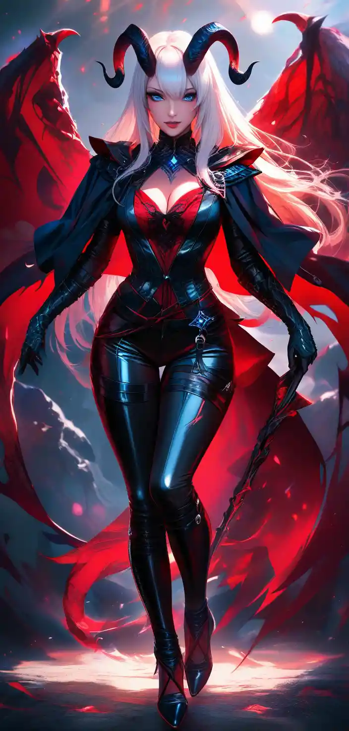 Seductive tiefling woman with horns and devil wings