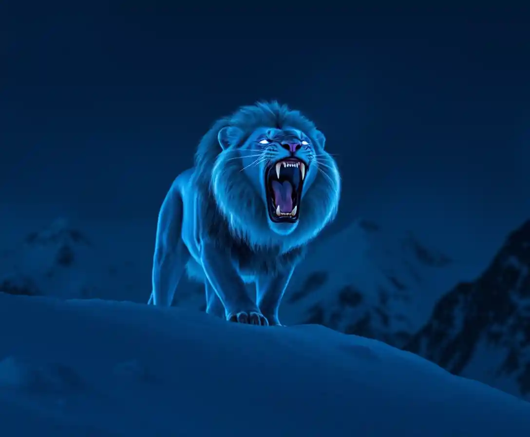 León azul rugiendo en una montaña nevada de noche